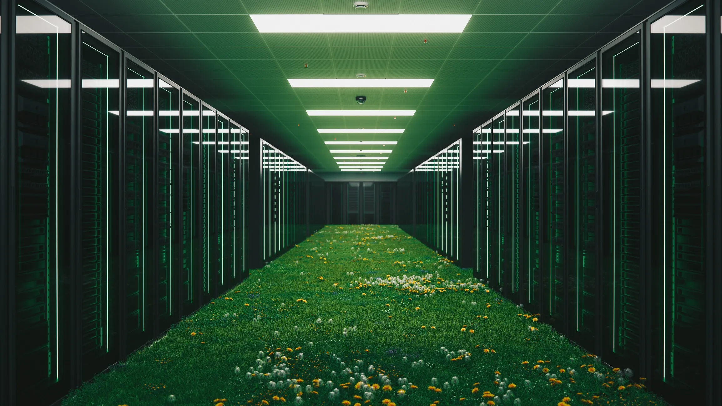 Image présentant un long couloir de serveurs avec de l'herbe verte