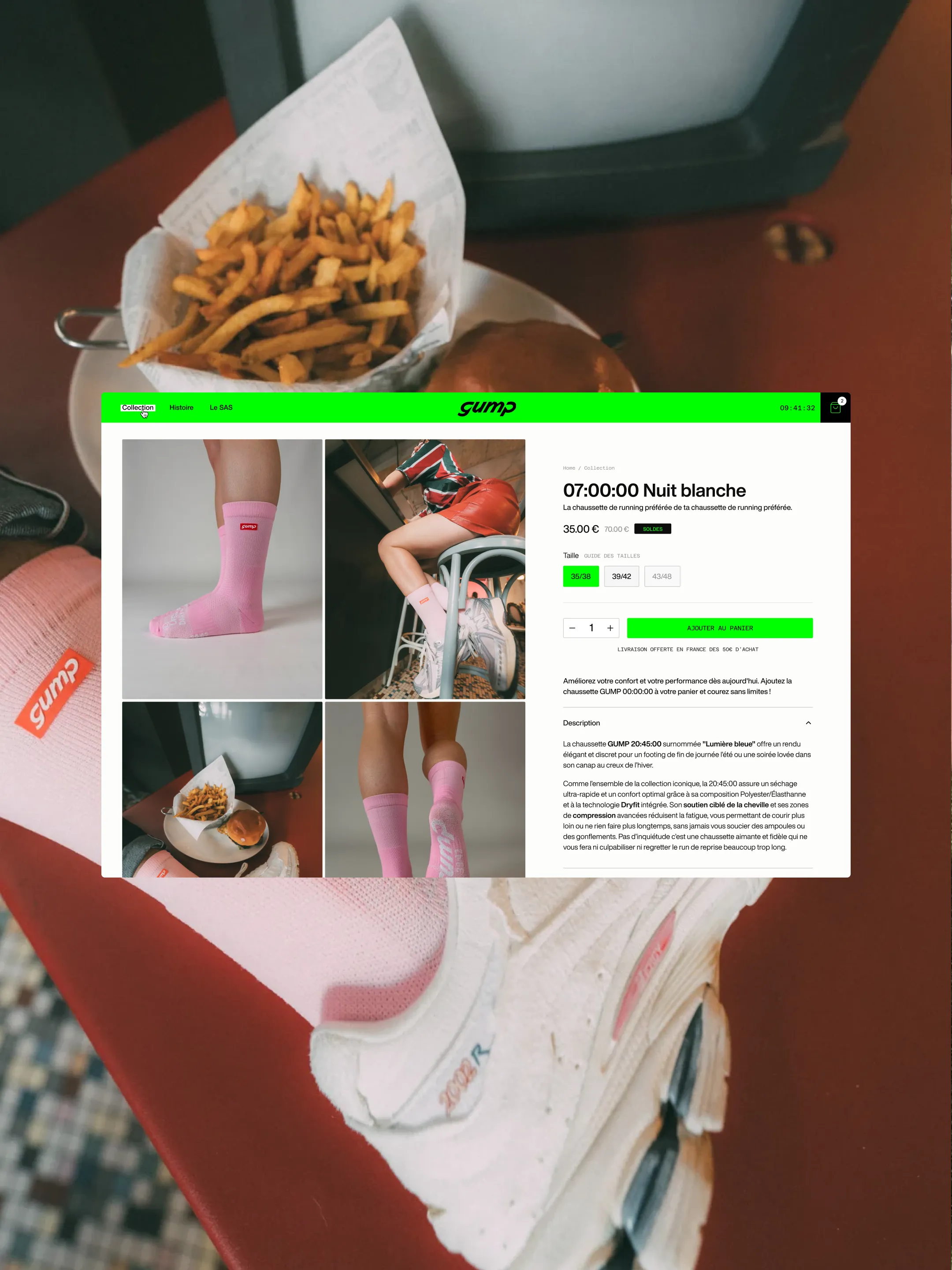 Page produit Gump, chaussettes running premium sur Shopify