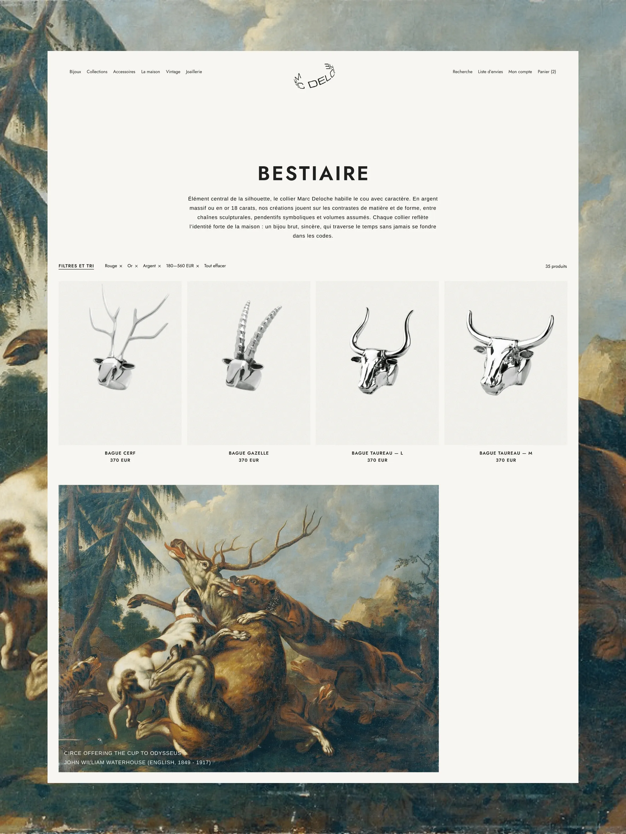 Page collection Bestiaire du site Marc Deloche, e-commerce Shopify par Supercolor