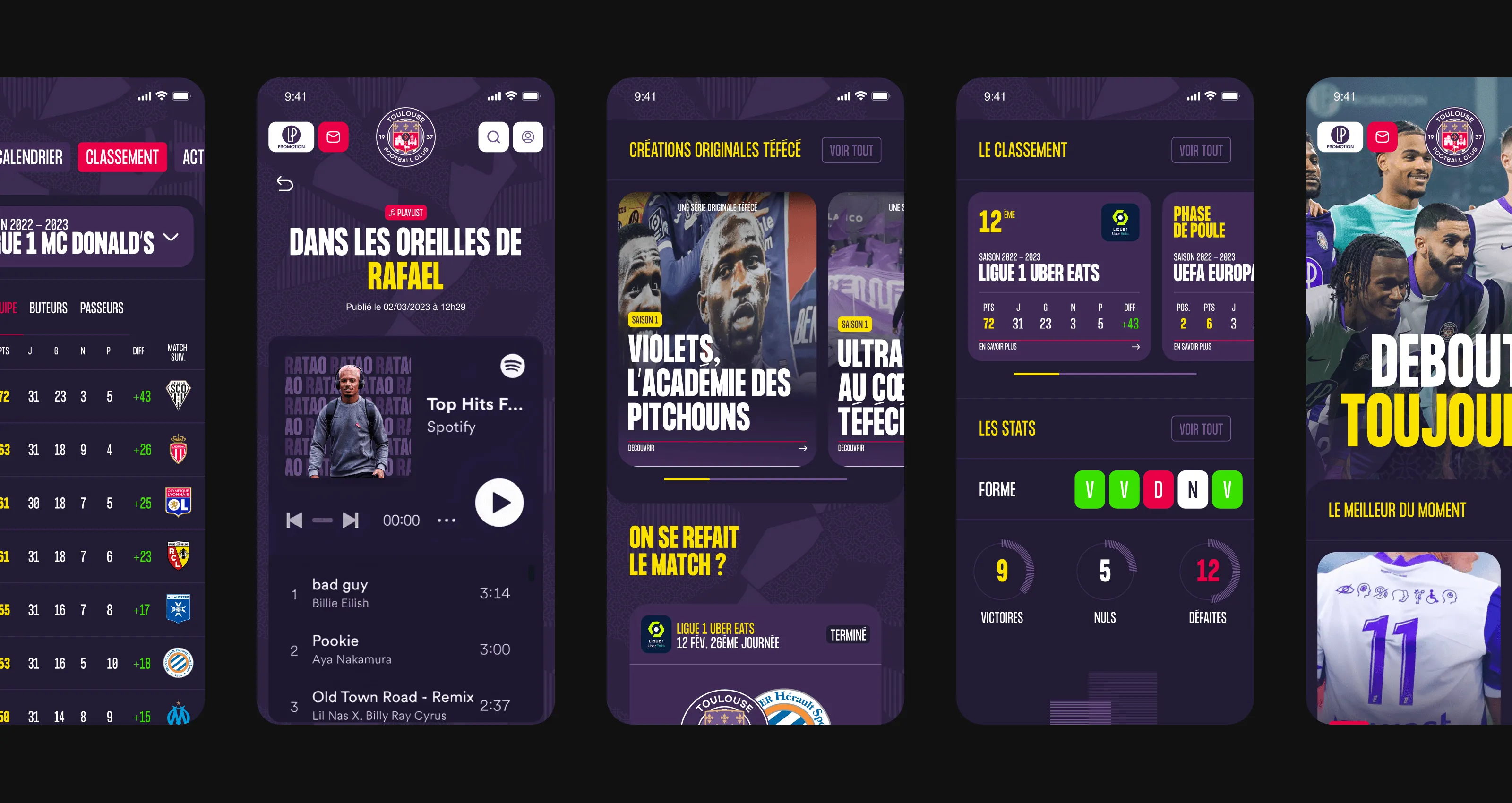 Visuel plein écran du site du TFC, design violet et interface dynamique.